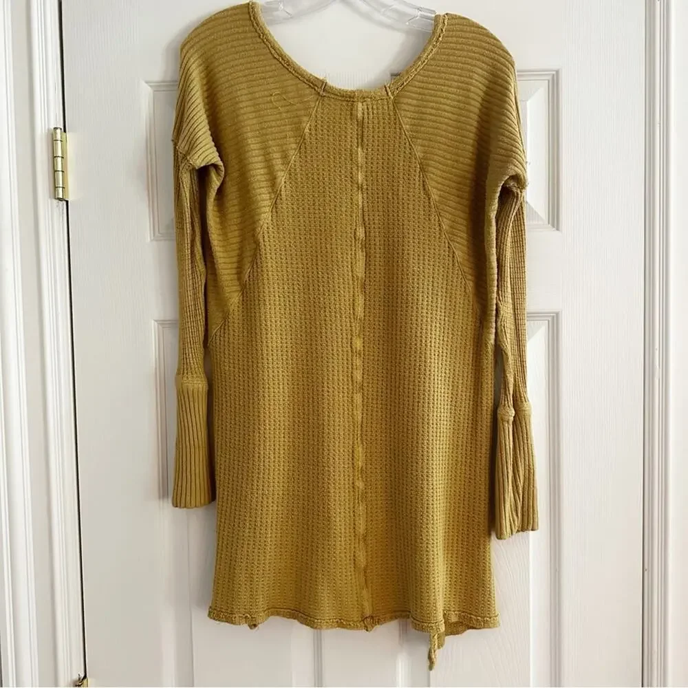 Free People Mustard Yellow Ventura Thermal Top MEDIUM Waffle Knit Long Sleeve